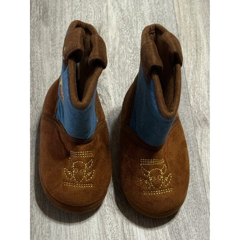Disney Toy Story Woody Cowboy Boot Slippers Toddler Size 5-6 Brown Blue Denim